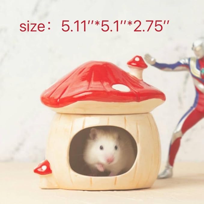Large Hamster Habitat Hideout (Ceramic) Cute Mushroom House Shape, Hamster House and Habitat Decor for Small Pets