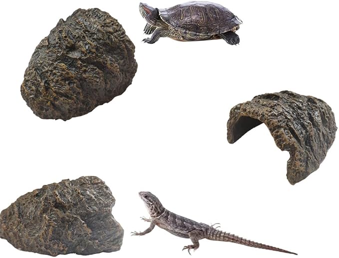 Reptile Rock Hide Cave for Aquarium Decor, Resin Tortoise Dock Hideout Turtle Basking Platform Habitat Tank Accessories Decoration for Amphibians Snake Frogs Fish Lizards (Green), Medium