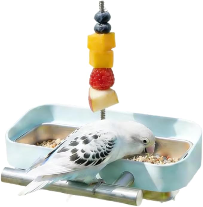 Bird Feeder Birds Bowls Stainless Steel Dishes Coop Cups with Fruit Skewer, Parrot Feeding Dish Cups Food Water Bowls with Bird Food Holder for Budgies Lovebirds (Blue,Square)