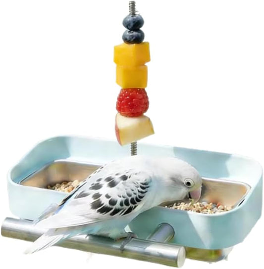 Bird Feeder Birds Bowls Stainless Steel Dishes Coop Cups with Fruit Skewer, Parrot Feeding Dish Cups Food Water Bowls with Bird Food Holder for Budgies Lovebirds (Blue,Square)