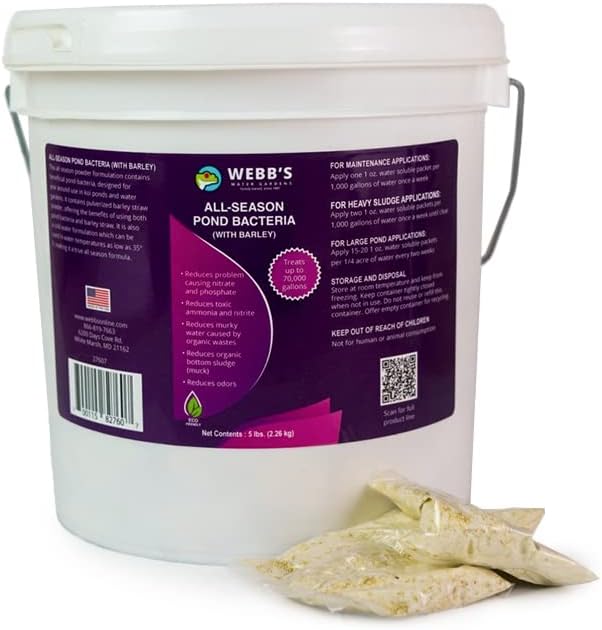 Webb's Water Gardens All-Season Pond Bacteria with Barley Packets - Supports up to 1000 Gallons - 70 Packets for Easy Application - 5 Pounds - Ideal for Clearing Pond Water and Maintaining Fish Health