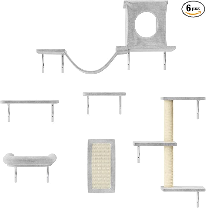 NUNU LAB Cat Wall Shelves, 6 Pcs Luxury Wall-Mounted Cat Climber Set, Indoor Cat Furniture with 1 Condos House, 2 Cat Wall Shelves, 1 Scratching, 1 Bridge Ladder, 1 Scratching Pad, Gray