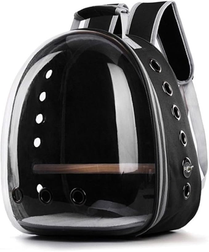 Portable Parrot Backpack Carrier Breathable Travel Space Capsule with Wooden Stand for Outdoor Use Comfortable and Transparent Design for Birds Black