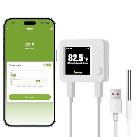 WiFi Freezer Alarm & Refrigerator Thermometer, App & Email Alerts | Garage, deep & chest freezer alarm, Still alerts on power outage or WiFi loss, +/-0.9F at -40F, flat door-seal probe, no hub