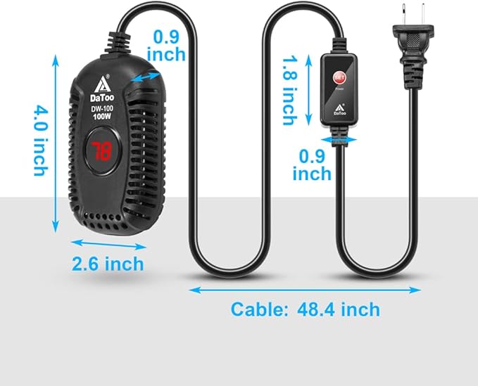 DaToo Small Aquarium Heater 100W Mini Fish Tank Heater 100 Watt Submersible with LED Temperature Display