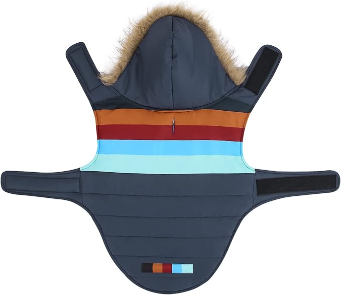 HDE Dog Puffer Jacket Fleece Lined Warm Dog Parka Winter Coat with Harness Hole Navy Retro Stripe - XL