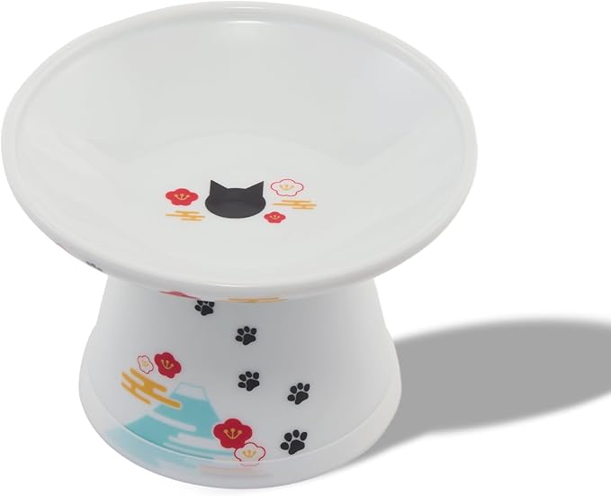 Necoichi Raised Cat Food Bowl – Ceramic Elevated Cat Bowl for Whisker & Neck Fatigue, Dishwasher Microwave Safe – Non-Slip & Anti Vomiting Ergonomic Design (Fuji, Extra Wide, 2-Cups Capacity).