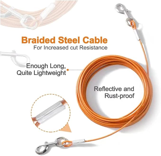 Tie Out Cable for Dogs,10/20/30/50/100FT Dog Leads for Yard Chew Proof,Heavy Duty Tie Out Cable for Large Dogs Up to 125lbs,Dog Runner Tether (Orange, 125Ibs 150ft)