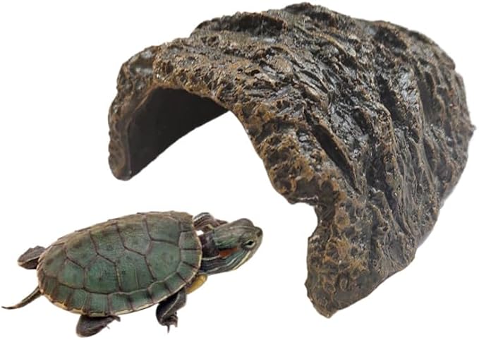 Reptile Rock Hide Cave for Aquarium Decor, Resin Tortoise Dock Hideout Turtle Basking Platform Habitat Tank Accessories Decoration for Amphibians Snake Frogs Fish Lizards (Green), Medium