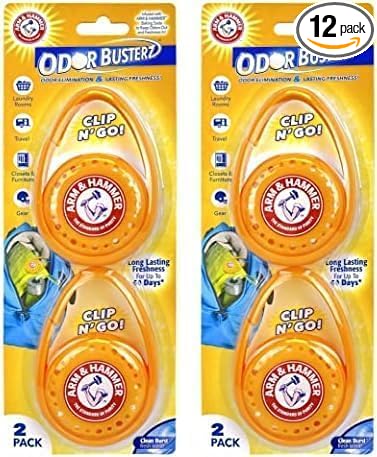 Arm & Hammer OdorBusterz ClipMATE™, Clean Burst, Clip-On Odor Absorber with Baking Soda, Carabiner Clip for Gym Bags, Backpacks & Travel Gear 2 Count (Pack of 12)