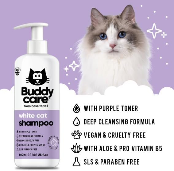 White Cat Shampoo by Buddycare - Brightening and Whitening Shampoo for Cats - Deep Cleansing, Fresh Scented - with Aloe Vera and Pro-Vitamin B5(16.90oz)