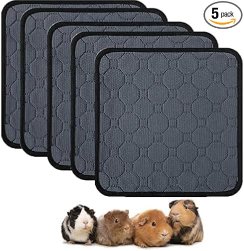 Guinea Pig Cage Liners, 12''X12'' Washable Guinea Pig Pee Pads, Non Slip Reusable Super Absorbent Guinea Pig Training Mat Bedding Fleece for Small Animals Hamster Rabbit Chinchilla Rat, 5Pack