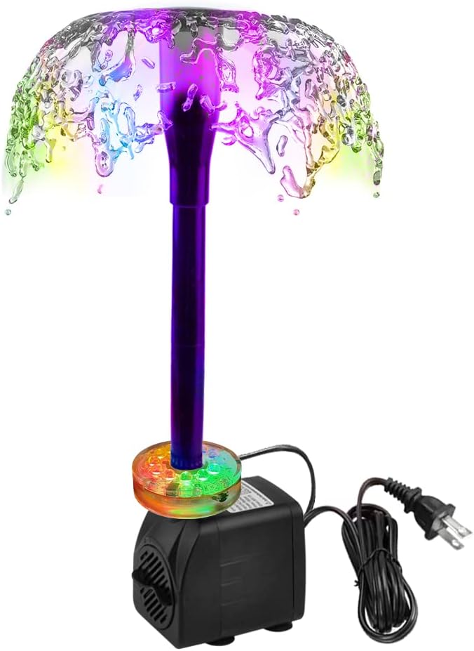 15W 220 GPH Submersible Fountain Pump with LED Light (800L/H), Ultra Quiet Adjustable Water Pump for Water Feature, Hydroponics, Garden, Pond, Aquariums, Fish Tanks, Indoor Outdoor Fountain