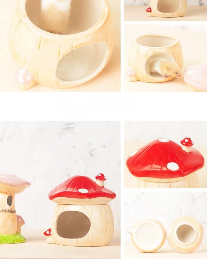Large Hamster Habitat Hideout (Ceramic) Cute Mushroom House Shape, Hamster House and Habitat Decor for Small Pets