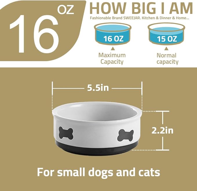 Sweejar Ceramic Dog Bowls with Bone Pattern, Dog Food Dish for Small Dogs, Porcelain Pet Bowl for Water 16 Fl Oz (Purple)