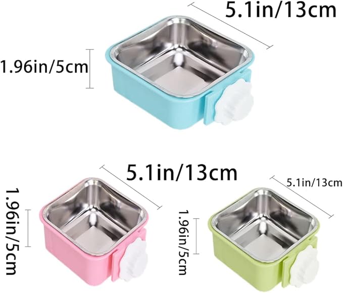 Crate Dog Bowl,Removable Stainless Steel Water Food Feeder Bowls Crate Coop Cup,Pet Cage Bowls with Bolt Holder for Cat, Puppy, Birds, Rats, Rabbits Small Animals ((Blue+Green+Pink) Square, Large)