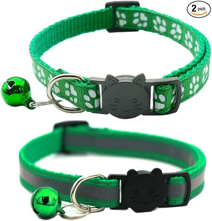 2 Pack Cat Collars Quick Release Reflective Kitten Collar with Bell & Safety Release (Dark Green)