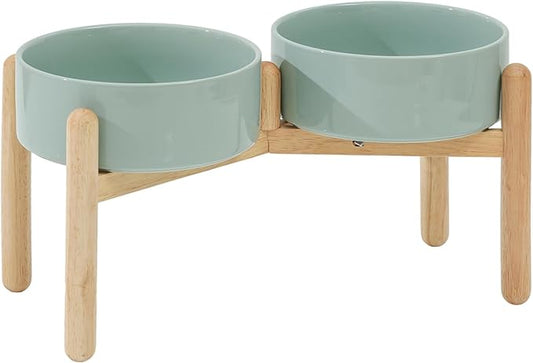 Havniva Ceramic 8.2inch Raised Dog Bowl with Stand for Large- Breed Dogs, Pet Food and Water Feeder (Double Bowl with Stand - Light Green)