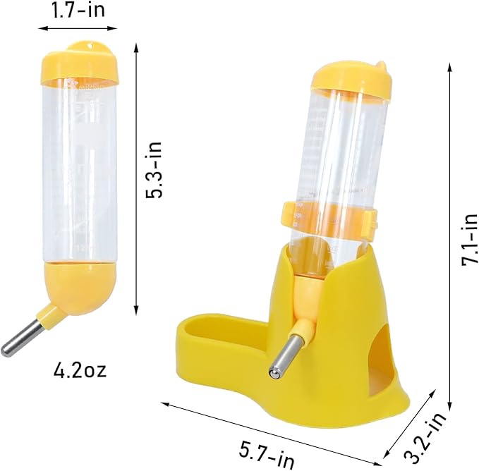 3 in 1 Hamster Hanging Water Bottle Pet Auto Dispenser with Base for Dwarf Hamster Mouse Rat Hedgehog (125ML, Yellow)