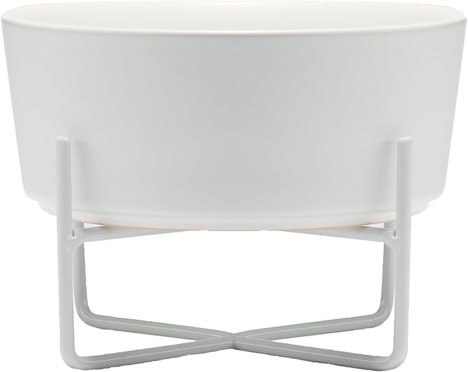Waggo Simple Solid Dog Bowl and Stand - Single Iron Stand with Single Ceramic Feeder or Water Bowl, Elevated Pet Feeder (Small, Matte White)