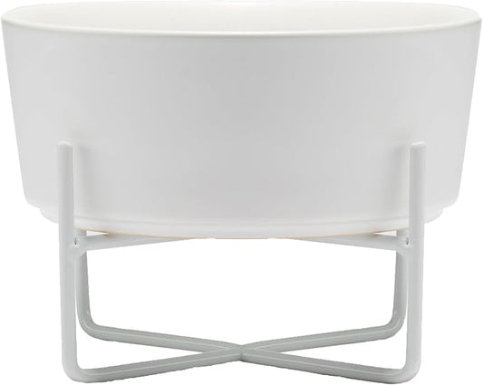 Waggo Simple Solid Dog Bowl and Stand - Single Iron Stand with Single Ceramic Feeder or Water Bowl, Elevated Pet Feeder (Small, Matte White)