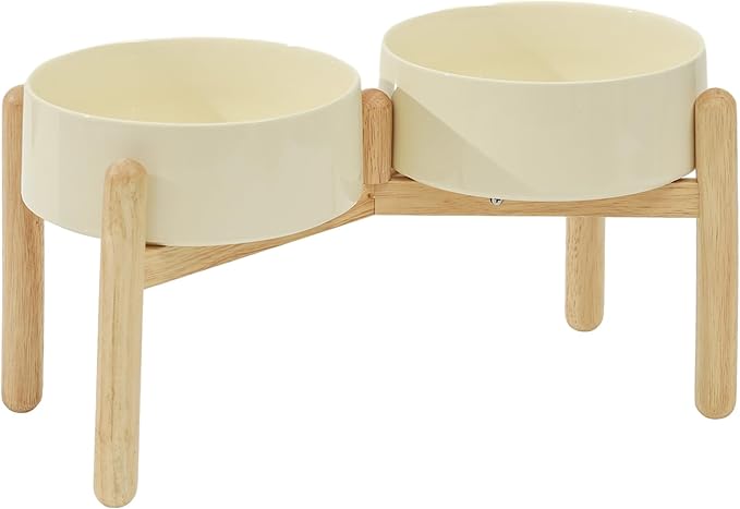 Havniva Ceramic 8.2inch Raised Dog Bowl with Stand for Large- Breed Dogs, Pet Food and Water Feeder (Double Bowl with Stand - Light Yellow)