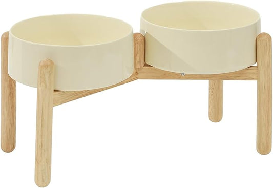 Havniva Ceramic 8.2inch Raised Dog Bowl with Stand for Large- Breed Dogs, Pet Food and Water Feeder (Double Bowl with Stand - Light Yellow)