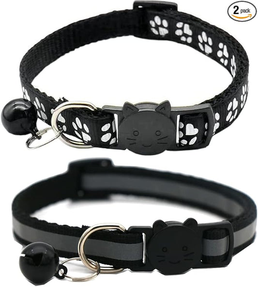 2 Pack Cat Collars Quick Release Reflective Kitten Collar with Bell & Safety Release (Black)