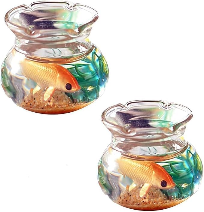 2Pcs Miniature Fish Tank Toy Mini Round Fish Bowls Resin Goldfish Grass for Dollhouse Desktop Craft Project Decor,Mini Fish Bowl,Dollhouse Accessories,Dollhouses Décor