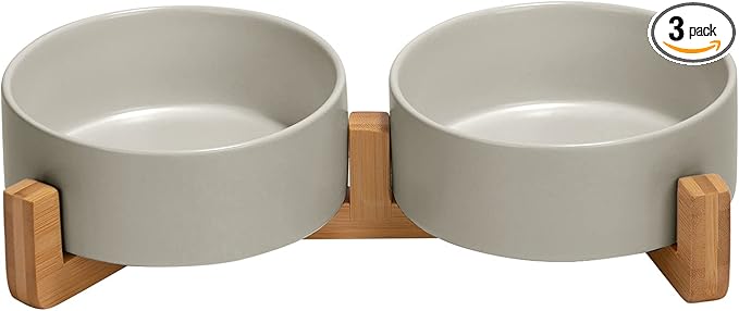 SPUNKYJUNKY Ceramic Dog and Cat Bowl with Wood Stand Non-Slip Matte Glaze Weighted Food Water Set for Cats &Small Dogs 13.5OZ