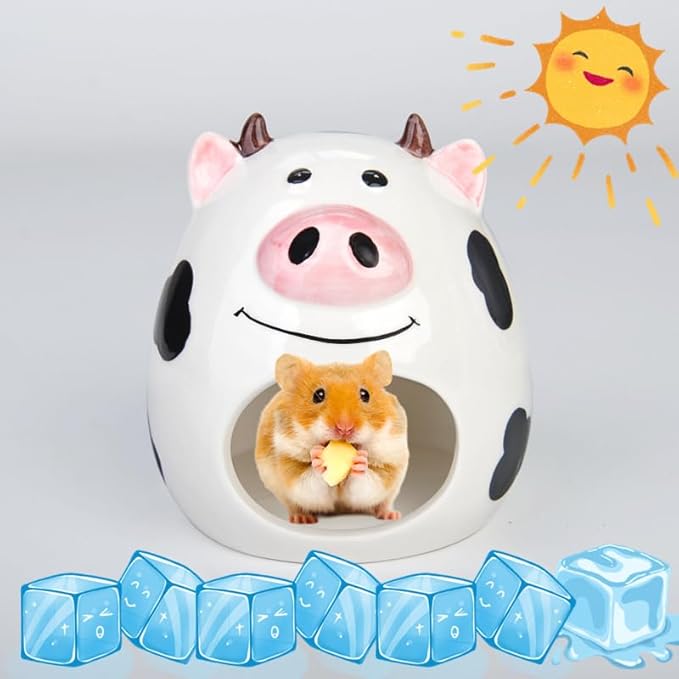 Ceramic Hamster Hideout Hamster House Cool Nest for Gerbil Mice Golden Bear Squirrel Hedgehog Chinchilla Other Small Animals Cute 6.7 inch (Cow)