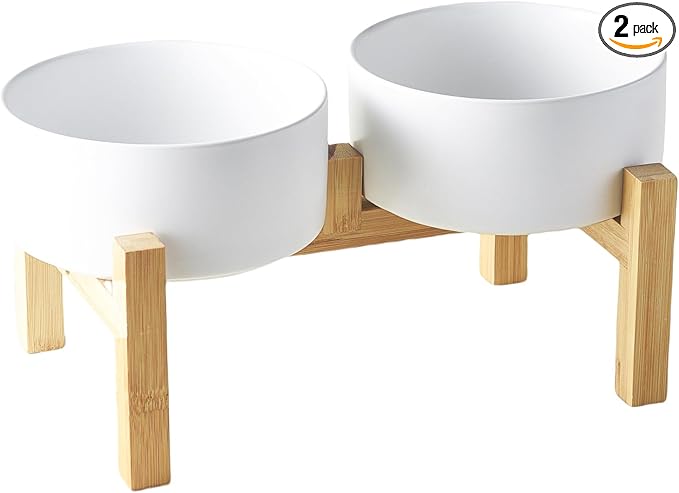 Raised Ceramic Dog Bowl Set - Elevated Dog Bowls with Non Slip Bamboo Stand, Food and Water Bowl Set for Small and Medium Breed Dogs, Pet Bowls, Weighted Dogs Dishes (6'', 2 * 30OZ, White)