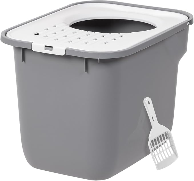 IRIS USA Cat Litter Box Large Top Entry with Lid, Enclosed Litter Box with Litter Catching Lid & Scoop, Covered Cat Litter Box Enclosure for Privacy, High Sided, Gray/White