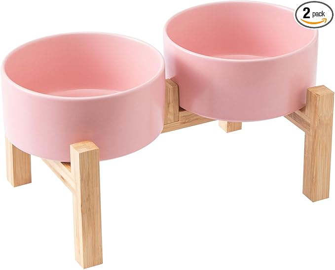 Raised Ceramic Dog Bowl Set - Elevated Dog Bowls with Non Slip Bamboo Stand, Food and Water Bowl Set for Small and Medium Breed Dogs, Pet Bowls, Weighted Dogs Dishes (6'', 2 * 30OZ, Pink)