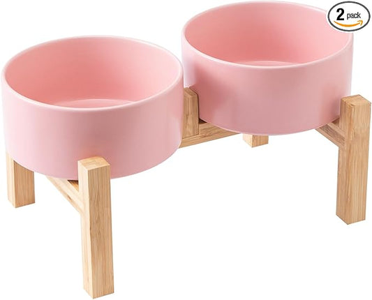 Raised Ceramic Dog Bowl Set - Elevated Dog Bowls with Non Slip Bamboo Stand, Food and Water Bowl Set for Small and Medium Breed Dogs, Pet Bowls, Weighted Dogs Dishes (6'', 2 * 30OZ, Pink)