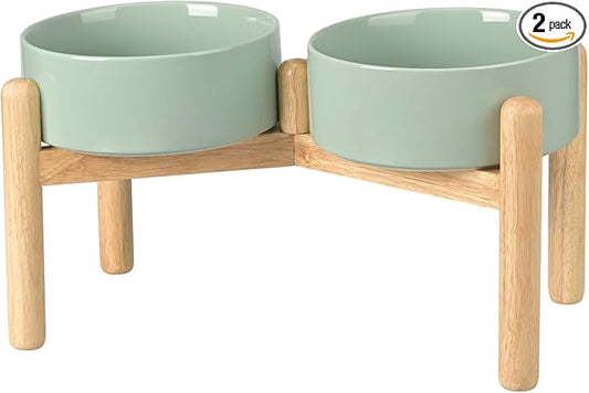 SPUNKYJUNKY Ceramics Elevated Dog Bowls with Wooden Stand Raised Bowl for Medium Large Dog Food and Water Pet Feeding Bowl(Double 60OZ Bowls,Light Green)