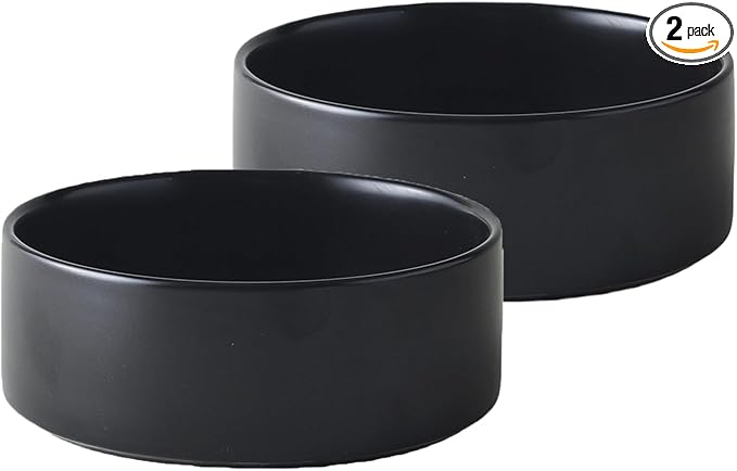 Ceramic Set of 2 Dog and Cat Bowls - Classic Food & Water Bowl for Kitty, Cats and Toy Breed Dogs, Weighted Dog Dishes, Food Grade Pet Bowl, Dishwasher & Microwave Safe (5.1'', 2*16OZ, Black)