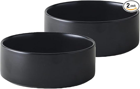 Ceramic Set of 2 Dog and Cat Bowls - Classic Food & Water Bowl for Kitty, Cats and Toy Breed Dogs, Weighted Dog Dishes, Food Grade Pet Bowl, Dishwasher & Microwave Safe (5.1'', 2*16OZ, Black)