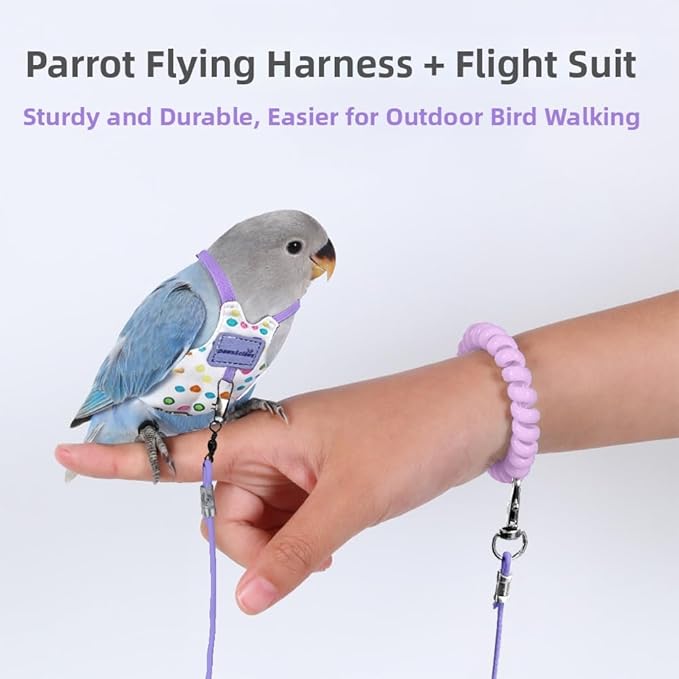 Bird Harness Leash Set Adjustable Vest Anti-Lost Wrist Strap for Parakeet Cockatiel Conure Lovebird (Purple, Caique Parrot 13 * 7.5cm/6g)