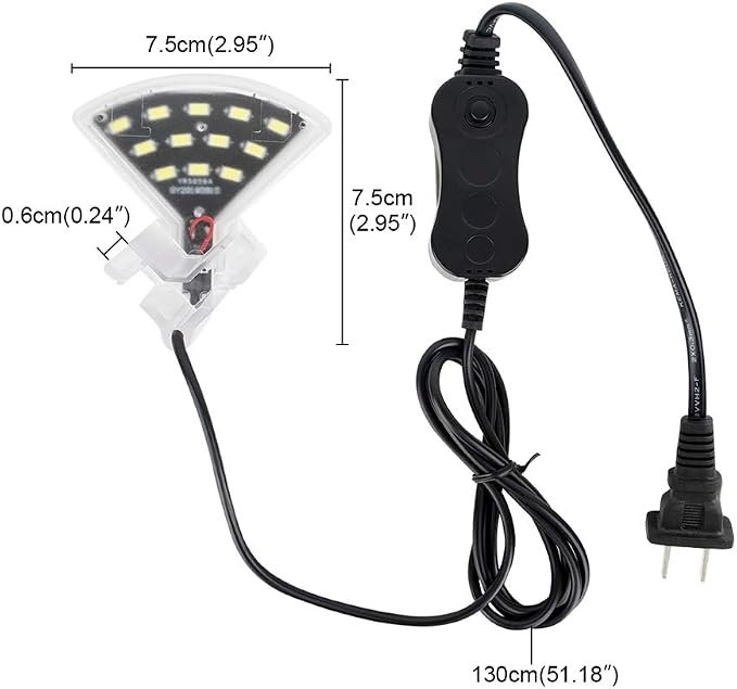 Aquarium LED Clip-On Light, White | Fan Shape, 600lm Ultra Bright, 5W, 110V 50-60HZ，12 LED, 5730 lamp Bead，Power Saving，Independent Switch Controller，ABS