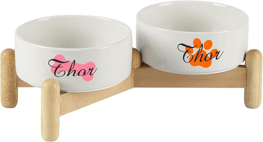 2 Pack Custom Ceramic Dog Bowl, Personalized Food & Water Dish with Photo Name, Cat and Dog Food Bowl with Wood Stand Non-Slip Matte Glaze Weighted