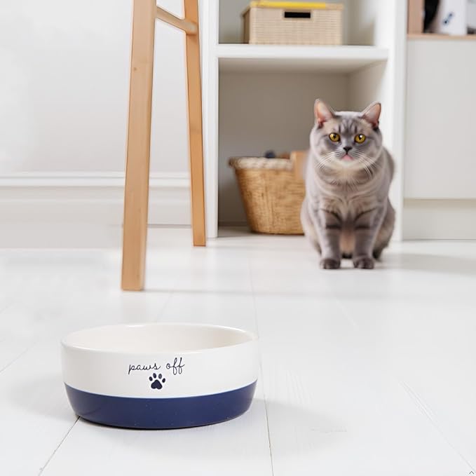 Pearhead Ceramic Cat Bowl – Navy Blue “Paws Off” Design, Holds 12 oz, Stoneware Pet Dish, Non-Skid Feeding Bowl