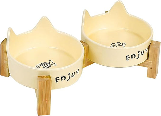Ceramic Dog and Cat Bowl Set with Wooden Stand-Raised Non-Slip Bottom Weighted Matte Glaze Pet Feeder-Yellow Cat Ear-6.76 OZ