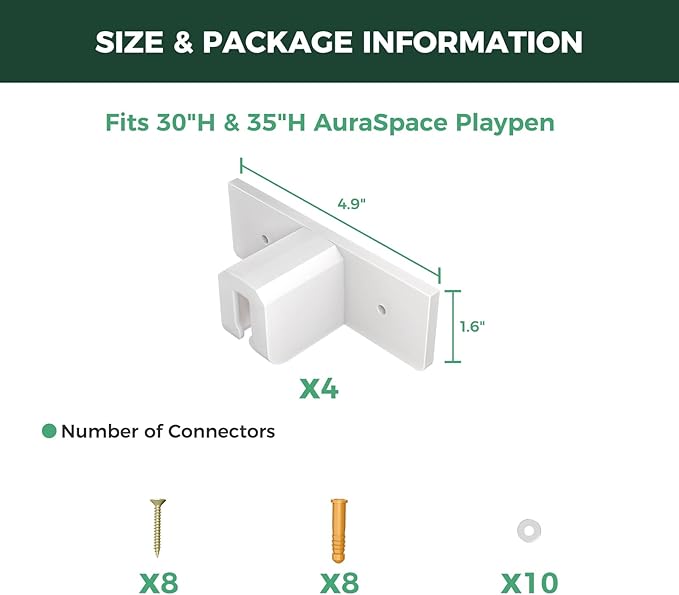 FXW Fence-to-Wall Anchors (Pack of 4) for AuraSpace Playpen – Accessory Only, Safely Expand Your Dog’s Play Area, Fits 35" H Acrylic Playpen, White