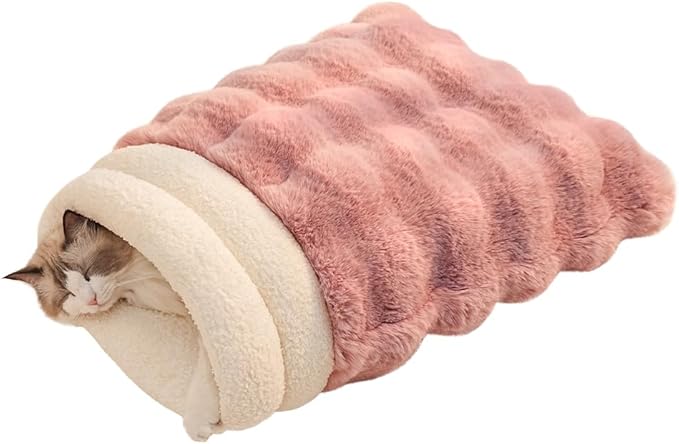 SOMAHE Self-Warming Cat Sleeping Bag, Enclosed Hooded Snuggle Sack with Dual-Side Plush Cat Cave Bed, Portable Foldable Pet Sleeping Pod for Indoor & Travel, Anti-Static, 21.7"x17.7"Pink