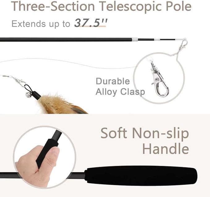 SONGWAY Interactive Cat Feather Toy Set - Retractable Teaser Wand with 6 Pcs Feather Refills with Bell, Cat Wand Toys for Indoor Cats Kittens Play Chase Exercise, Black