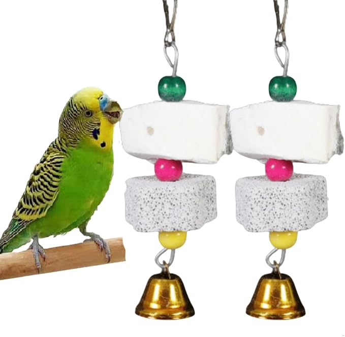 2Pcs Bird Beak Calcium Stone Lava Block Chew Toy Grinding Teeth Natural Minerals with Bell for Parakeet Conure Lovebird Cockatiel Finch Canary Hamster Chinchilla Rabbit (Small)