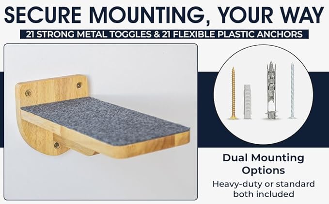Cat Wall Shelves – Cat Wall Climber with Cat Scratch Post, Removable Bed, Climbing Steps, and Feeding Terrace with Glass Bowls, Waterproof Rubberwood Pet Furniture