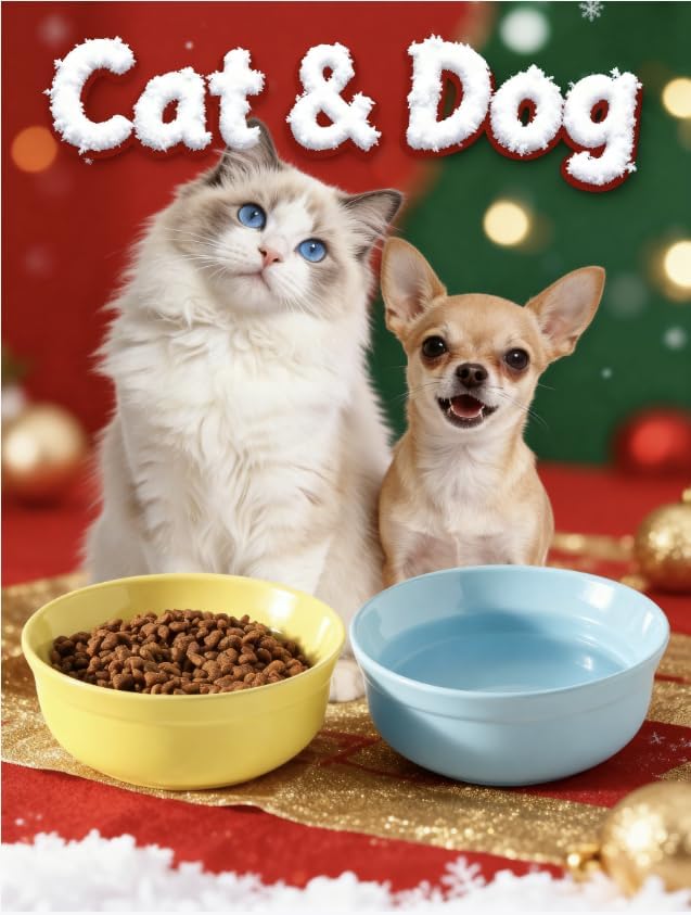 5.3 Inch Yellow Ceramic Small Dog Bowl Sets - Porcelain Wide Mouth Cat Food or Water Bowls, Cute Feeding Bowls for Indoor Small Size Dog, for Wet or Dry Food