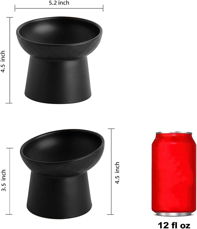 Small Ceramic Raised Cat Bowls, Tilted Elevated Food or Water Bowls, Stress Free, Backflow Prevention, Dishwasher and Microwave Safe, Lead & Cadmium Free(Black)